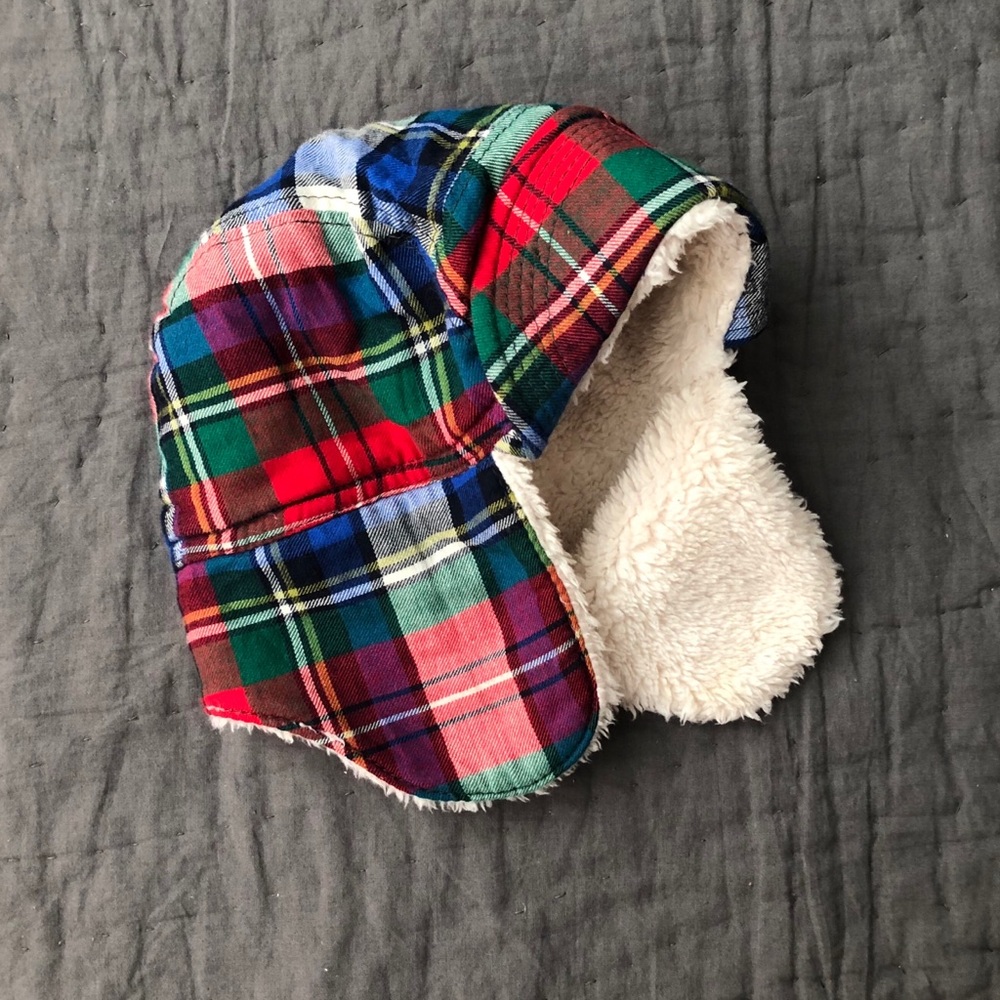 Baby Gap plaid fleece lined hat, size 6-12mo